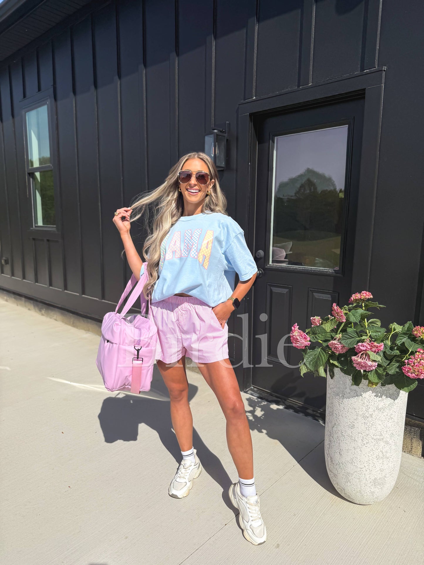Pastel Checkered MAMA Graphic Tee on Chambray