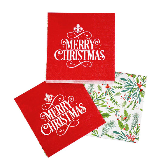 Fleur Merry Christmas Cocktail Napkins   Red/Green/White   5x5