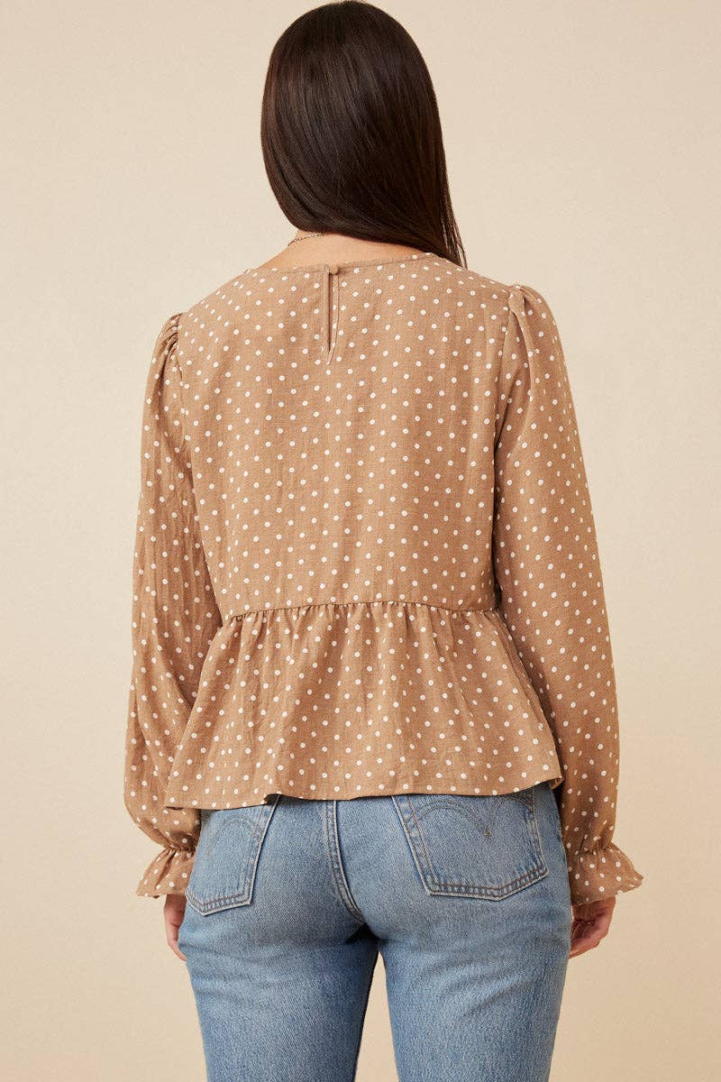 Womens Polka Dot Cinched Cuff Peplum Top