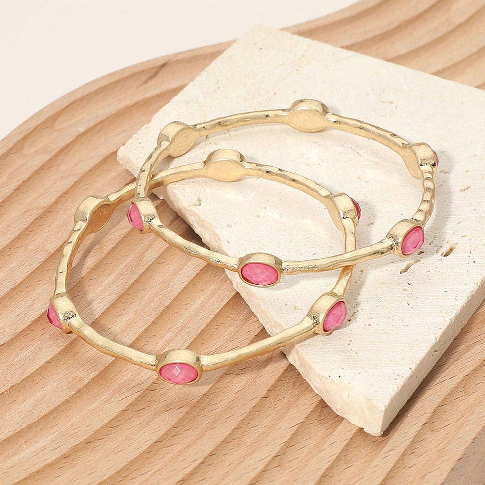 2PCS - Oval Stone Accent Hammered Metal Multi Layered Bangle Bracelets