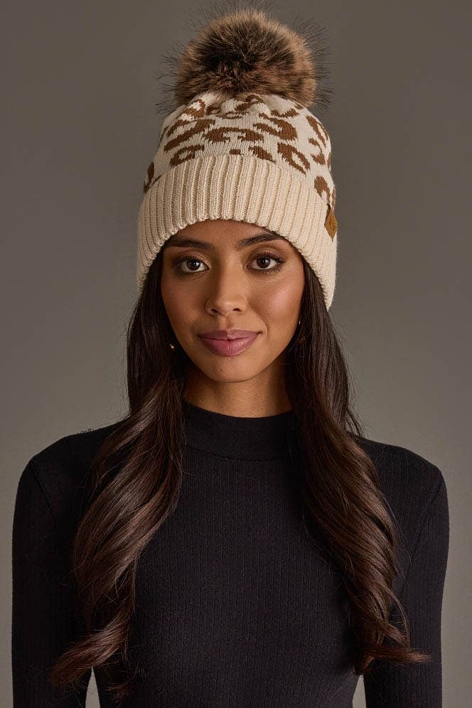Cream Leopard Pattern Knit Pom Hat