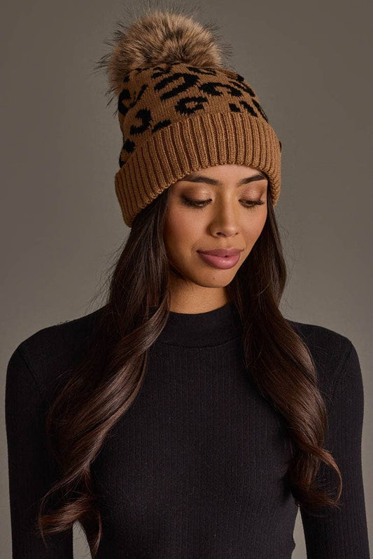 Camel Leopard Pattern Knit Pom Hat