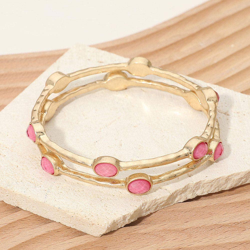 2PCS - Oval Stone Accent Hammered Metal Multi Layered Bangle Bracelets