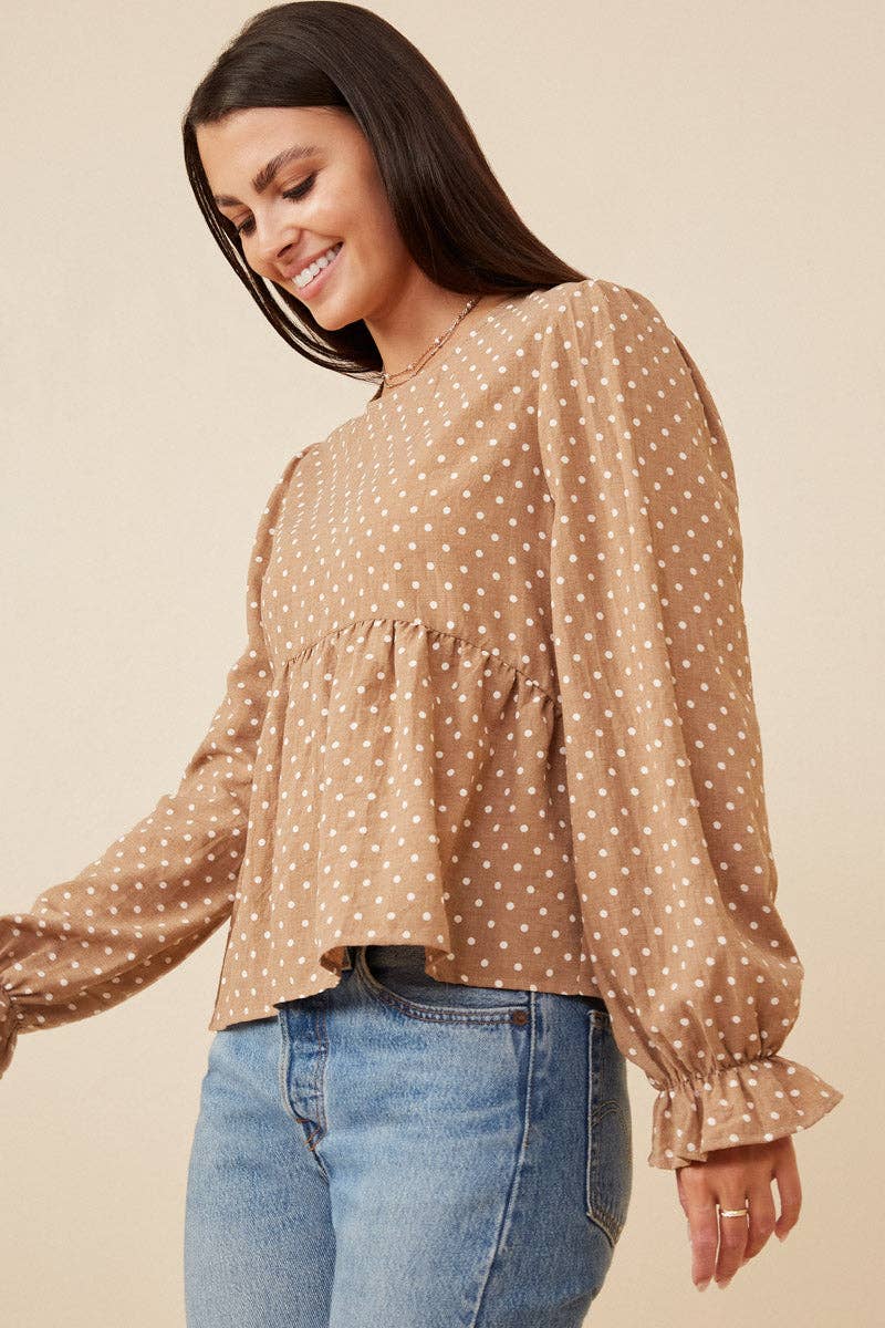 Womens Polka Dot Cinched Cuff Peplum Top