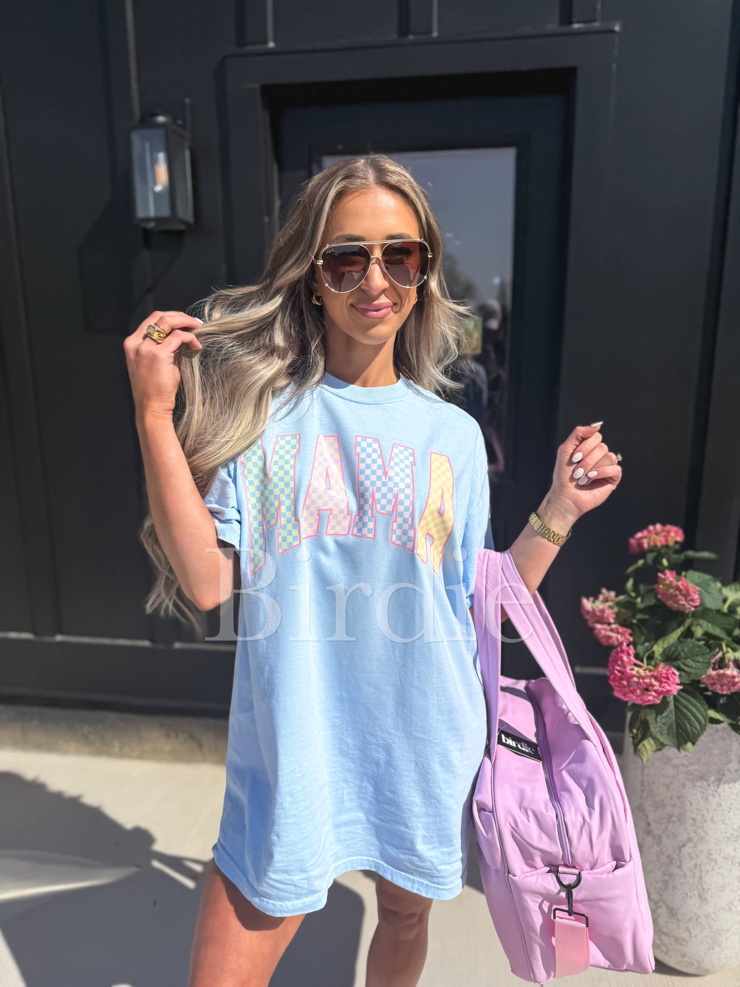 Pastel Checkered MAMA Graphic Tee on Chambray