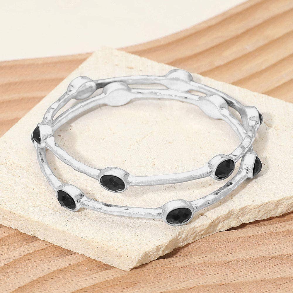 2PCS - Oval Stone Accent Hammered Metal Multi Layered Bangle Bracelets