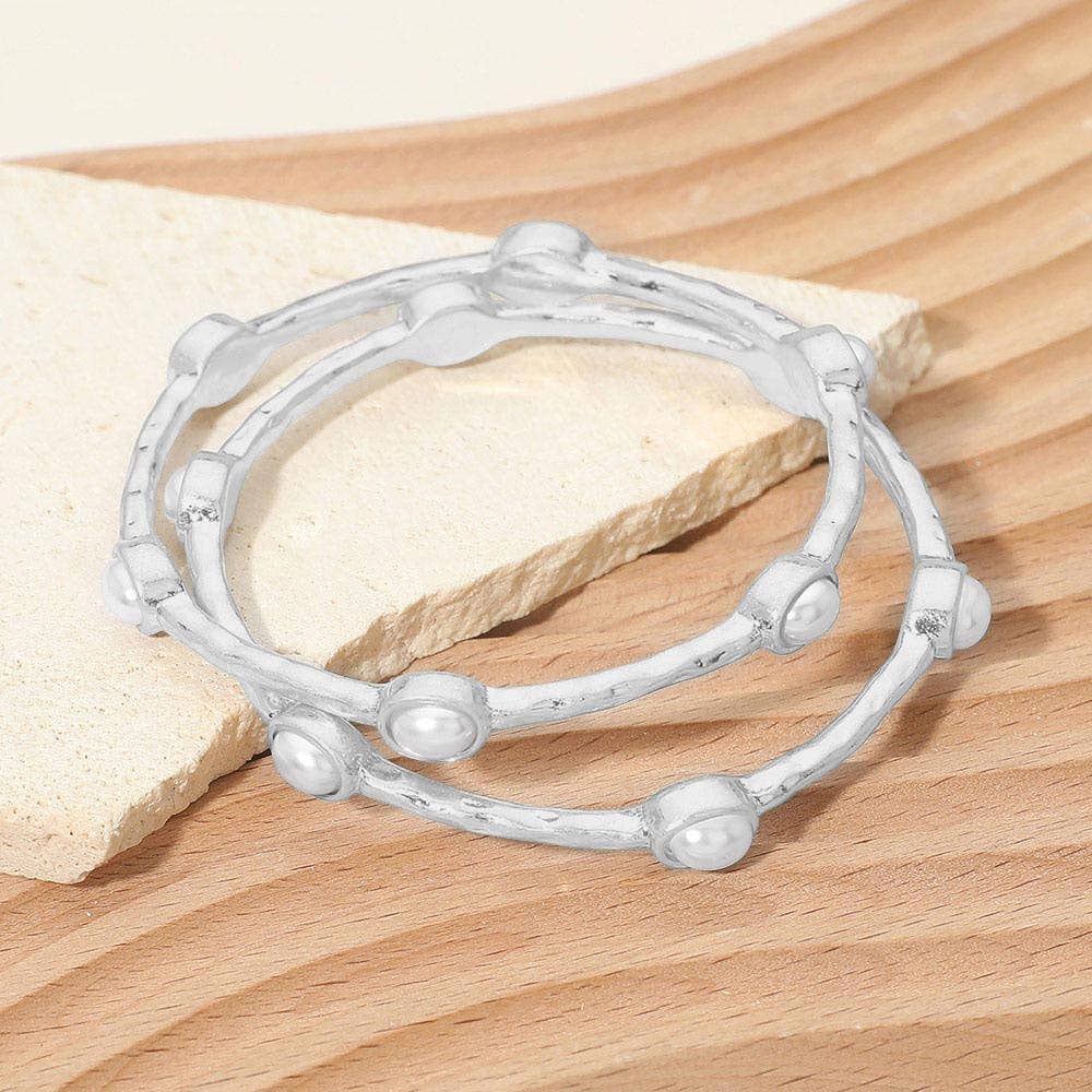 2PCS - Oval Stone Accent Hammered Metal Multi Layered Bangle Bracelets