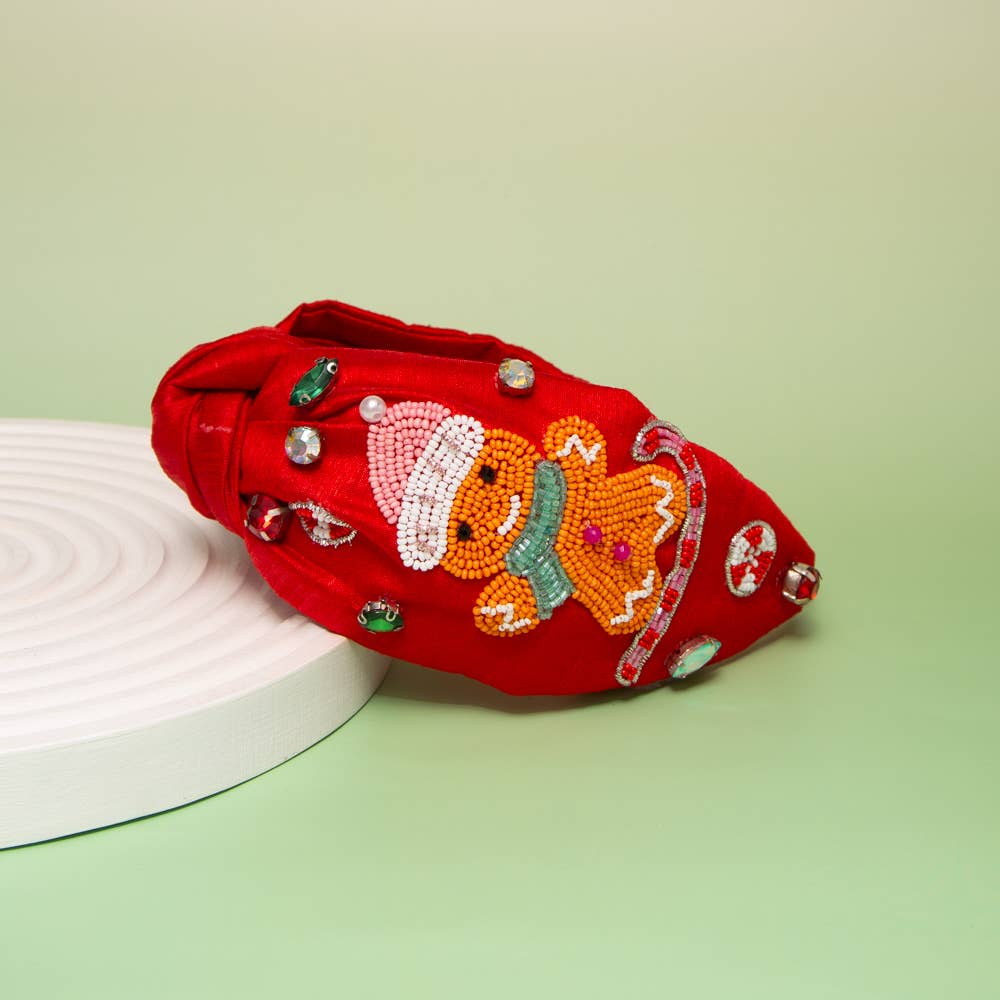 Christmas Gingerbread Crystal Seed Beaded Top Knot Headband