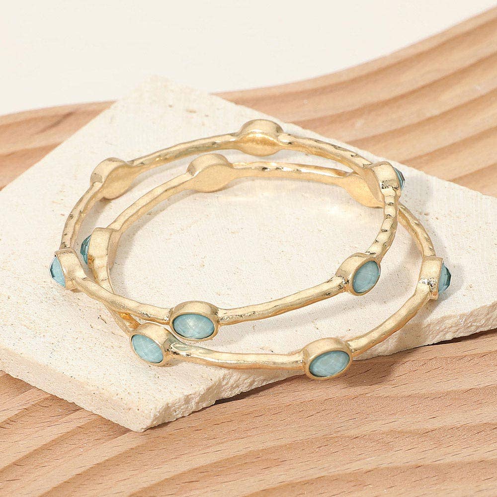2PCS - Oval Stone Accent Hammered Metal Multi Layered Bangle Bracelets
