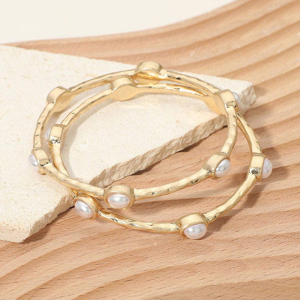2PCS - Oval Stone Accent Hammered Metal Multi Layered Bangle Bracelets