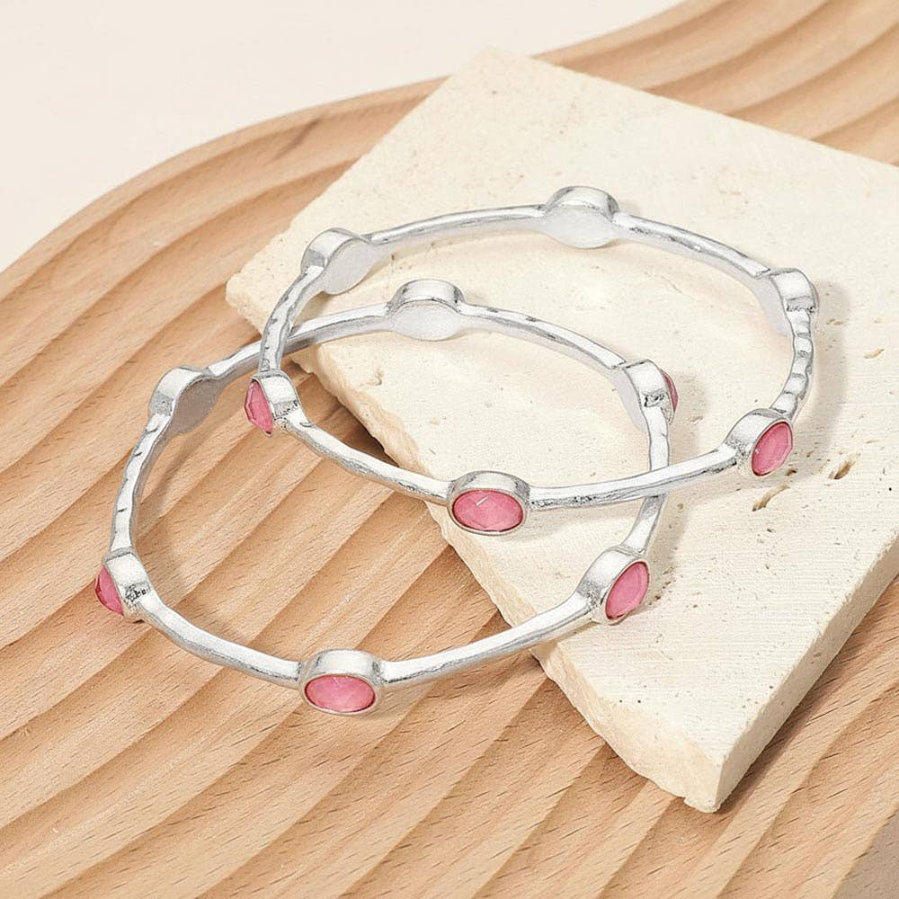 2PCS - Oval Stone Accent Hammered Metal Multi Layered Bangle Bracelets