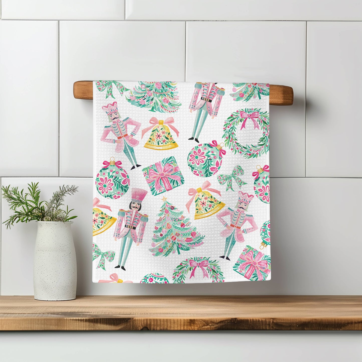 Nutcracker Pink Chinoiserie Christmas Kitchen Towel Waffle