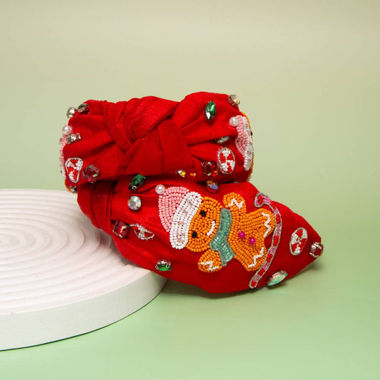 Christmas Gingerbread Crystal Seed Beaded Top Knot Headband