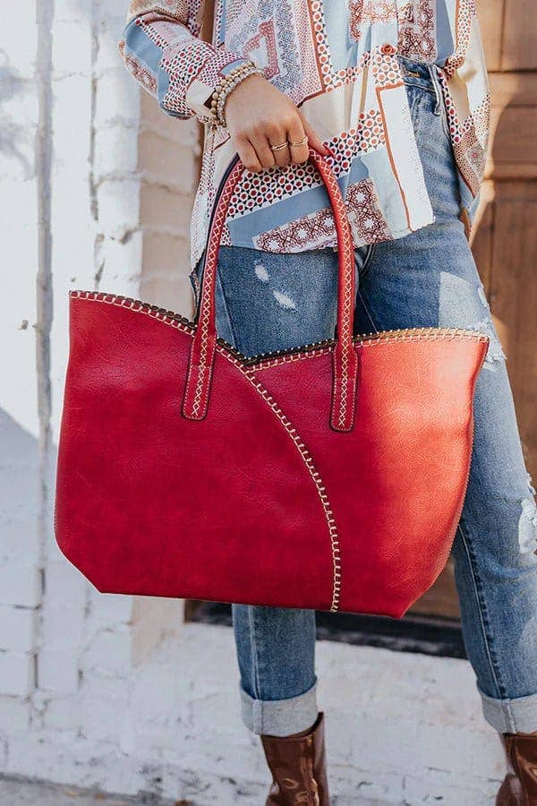 2-in-1 Stitch Trim Detail Shoulder/Tote Set Bag